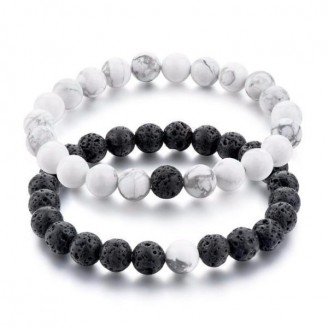 Black Lava Stones along with White Howlite Beads Distance Bracelets [Set of 2]