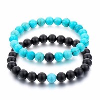 Black Matte Agate and Turquoise Natural Stone Distance Bracelets [Set of 2]