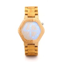Digital Hexagon Bamboo Watch with Folding Link Wristband