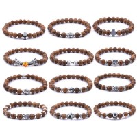 Natural Wood Beaded Silver Charm Bracelets [12 variants]