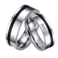 Titanium Steel Black Stripe Couple Ceramic Rings [Set of 2]