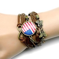 Adjustable Support America Leather Charm Bracelet