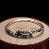 Floret Carving Silver Bangle Luxury Bracelet