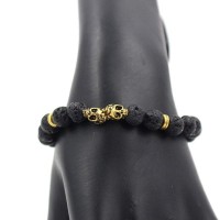 Natural Lava Stone Beads Vintage Gold Skulls Charm Bracelet [3 Variants]