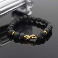 Natural Lava Stone Beads Vintage Gold Skulls Charm Bracelet [3 Variants]