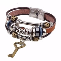 Three-Stack Key Charm Leather Armband Bracelet