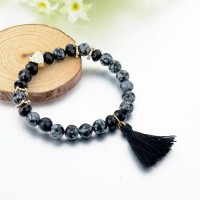 Vintage Black Natural Stone Heart Charm Tassel Bracelet