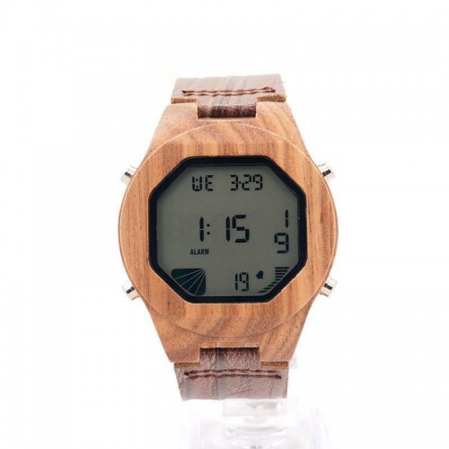 Digital Wood Watch with Leather Wristband