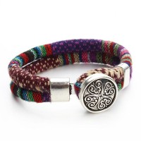 Silk Dual Cord Tibetan Silver Flower Snap Button Bracelet [12 Variants]