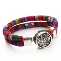 Silk Dual Cord Tibetan Silver Flower Snap Button Bracelet [12 Variants]