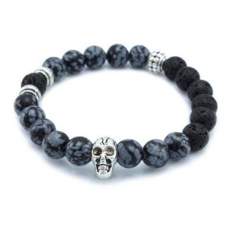 Snowflake Obsidian and Lava Stone Skull Bracelet