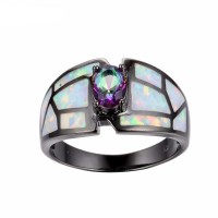 Rainbow Zircon White Fire Opal Wedding Ring