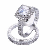 Square Crystal White Gold Rings [Set of 2]