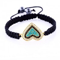 Rhinestone Heart Charm Black Braided Bracelet [3 Variants]