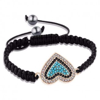 Rhinestone Heart Charm Black Braided Bracelet [3 Variants]