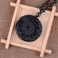 Bagua Style Carved Obsidian Amulet Necklace