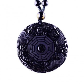 Bagua Style Carved Obsidian Amulet Necklace