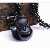 Hand-Carved Lucky Fox Black Obsidian Amulet Necklace