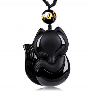 Hand-Carved Lucky Fox Black Obsidian Amulet Necklace